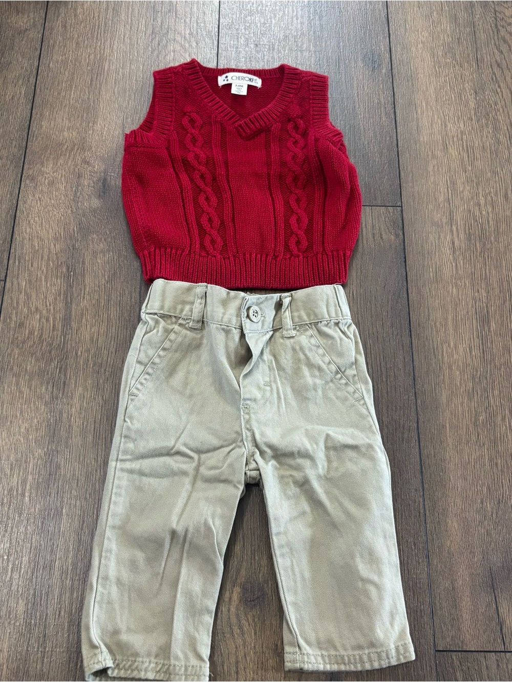 Cherokee Red Sweater Vest and Khaki Pants Outfit Set, 3-6 months